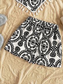 Soleia 2pcs Women Set: Allover Print Asymmetric Hem Tassel Tube Top And Elastic Waist Shorts Boho - Black and White - View 7