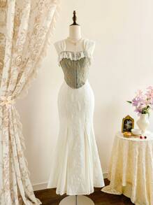 Vintamour 复古优雅两件套女式紧身胸衣短款上衣和蕾丝拼接花卉提花美人鱼裙套装度假连衣裙女式夏装女式夏装女式夏装女式连衣裙夏季度假服装女式婚礼宾客礼服女式生日礼服女式束腰上衣夏季服装女式生日服装度假礼服白色连衣裙优雅束腰连衣裙紧身连衣裙女士派对礼服