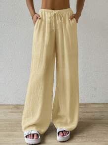 SHEIN EZwear 时尚休闲杏色女式宽松打结裤 - 杏色 - 查看 1