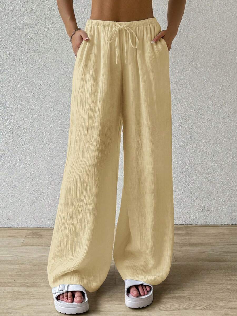 SHEIN EZwear 时尚休闲杏色女式宽松打结裤 - 杏色 - 查看 1