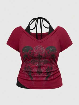 Grunge Punk Camiseta sin mangas con cuello alto y bloqueo de color de esqueleto, talla grande, para mujer