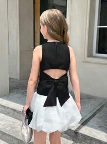 SHEIN 青少年女孩休闲纯黑色露背蝴蝶结短款无袖衬衫 - 黑色 - 查看 2