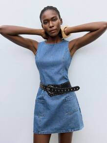 Maija Đầm denim thường ngày không tay cổ tròn mùa hè cho nữ - Rửa trung bình - Xem 6