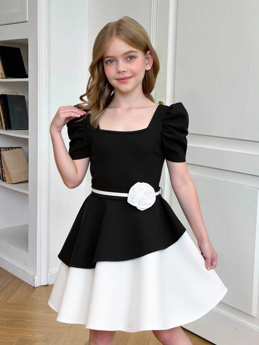 SHEIN Leap Crew Tween Girls Elegant Dress With Knitted Asymmetrical Ruffles, Color Block Splicing, Square Neck And Leg-Of-Mutton Sleeves With 3D Rosette Decoration, Fashionable French Elegant Black Dress, Retro And Elegant Dress, Back To School, Suitable For Graduation Proms And Birthday Parties