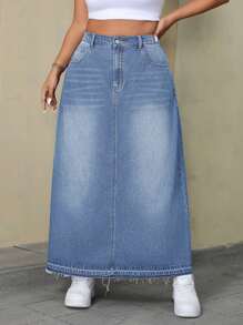 SHEIN ICON Váy denim dài thêm viền thô thường ngày cỡ lớn cho nữ - Rửa nhẹ - Xem 4