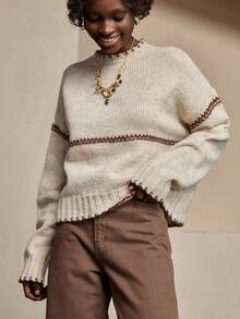 Bóhologie Suéter cálido y acogedor de calidad premium con ribete de contraste para mujer