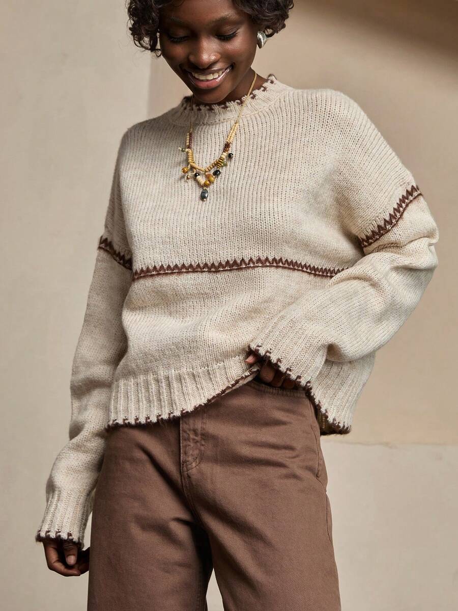 Bóhologie Suéter cálido y acogedor de calidad premium con ribete de contraste para mujer