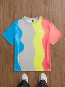 EASEVO 大码男士休闲波浪图案印花圆领短袖 T 恤 - 粉色 - 查看 6