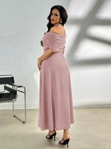 Firerie 大码女式优雅休闲露肩褶皱垂坠 A 字形无袖连衣裙，有弹性，适合通勤，春夏季 - 藕粉色 - 查看 2