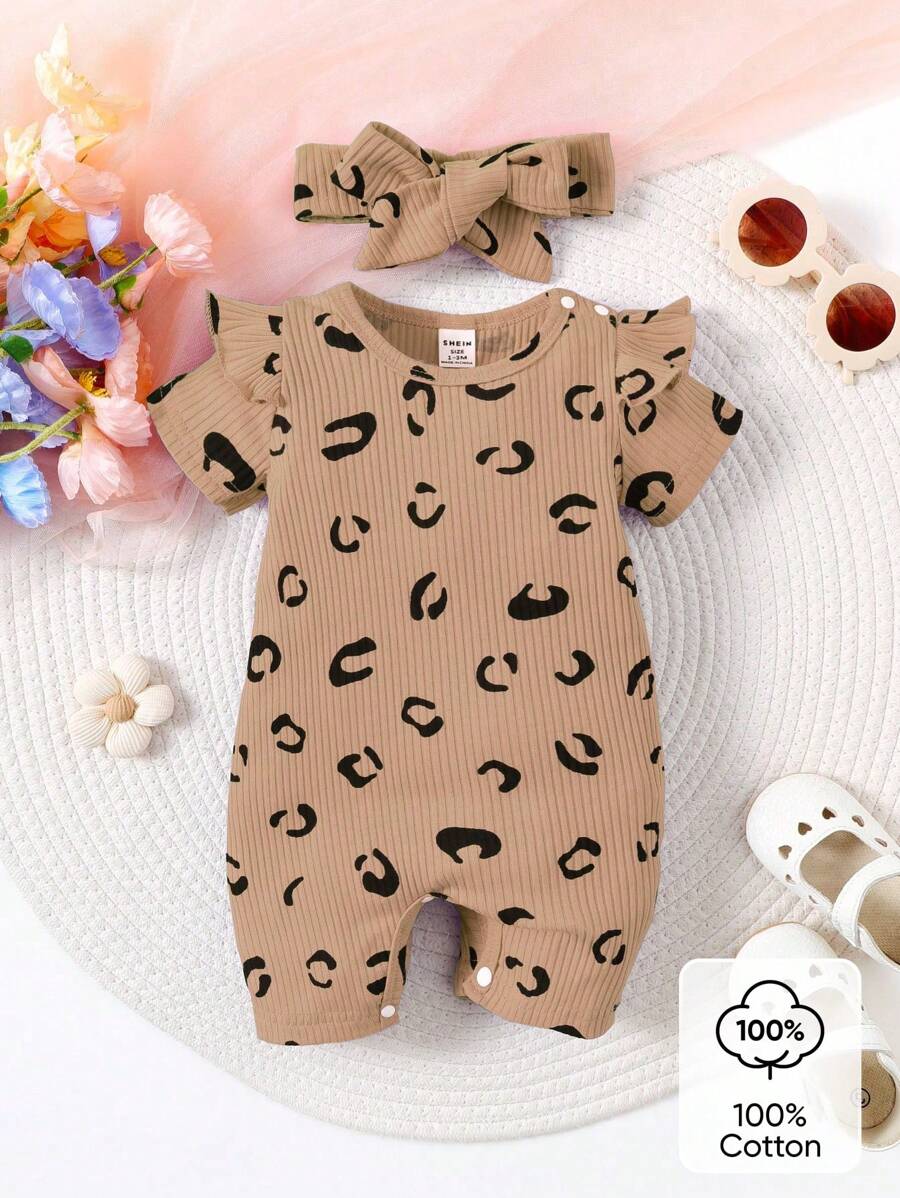 SHEIN Baby Girls Comfortable Printed Romper, Suitable For Summer - Brown - View 1