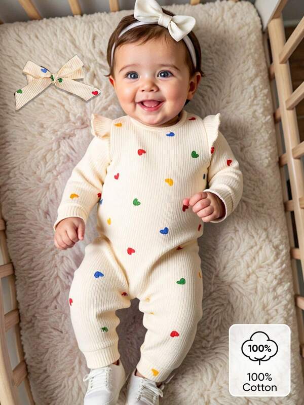 Souflis Souflis Jumpsuit mit Herzmuster zum Valentinstag für Baby-Mädchen, bequemer Strick-Romper mit Stirnband, lässige Homewear