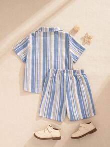SHEIN Young Boy Summer Striped Collar Pocket Shirt And Shorts Set,Matching Family Vacation Outfit,2 Pieces Suit For Kids,Daily Outings,College,Parties,4t - Multicolor - View 2