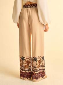 CAJUNI سروال نسائي بوهو عتيق فضفاض مستقيم الساق بطبعات الحيوانات والنباتات الاستوائية، ملابس كاجوال للإقامة في المنتجعات