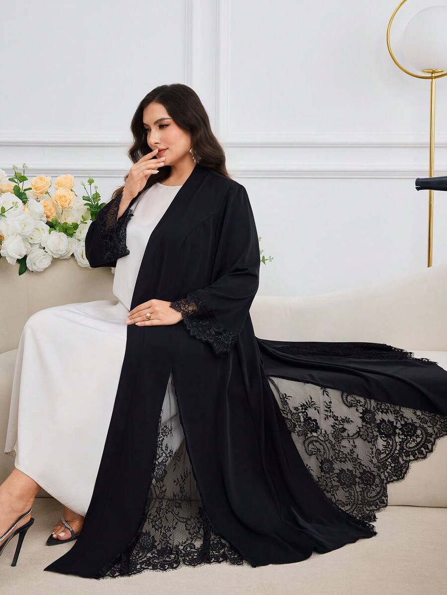 Al Najma Plus Size Women Elegant Solid Color Contrast Lace Flare Sleeve Arabic Abaya - Black - View 1