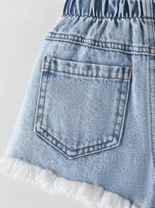 Young Girls Vintage Distressed Light Blue Denim Shorts With Pink Bow Pockets, Loose Fit, Comfortable Soft Fabric, Versatile - Light Wash - View 6