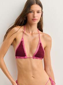 Nöista Conjunto de bikini de ganchillo con ribete contrastado y delicado volante. Su parte superior triangular y Bottom con cordones, perfecto para descansar en la playa, festivales o el estilo junto a la piscina con un toque bohemio. São João