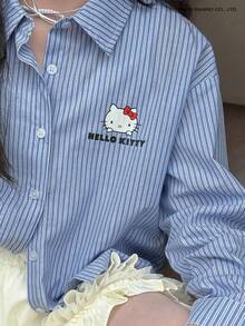HELLO KITTY | DAZY 女童卡通字母印花落肩长袖条纹单排扣衬衫