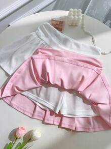 SHEIN EZwear 2 Colors Set, White And Pink Women's Pleated Double Waist Gathered Short Casual Skirt, Great Value Set - Multicolor - View 3