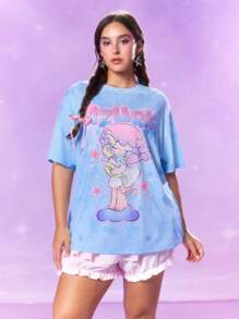 Pop Mart Azura X SHEIN Plus Size Cartoon Anime Pattern Blue Round Neck Short Sleeve T-Shirt, Fall School Y2k Top, Street Wear Vintage Graphic Tees