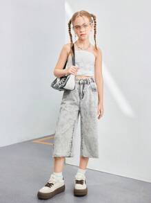 Fashionable Minimalist Heavily Distressed Washed Tween Girls Casual Denim Jeans - Grey - View 5