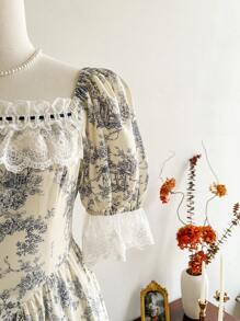 Vintamour 复古优雅女式长款花卉印花喇叭下摆连衣裙，修身花朵图案蓝色中长连衣裙，春夏婚礼宾客礼服女士夏季连衣裙女士节日服装毕业礼服度假服装女士节日服装女士生日礼服女士教师服装 - 藍色 - 查看 6