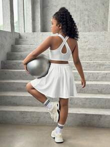 SHEIN Rochie sport tricotată albă cu spate deschis și pantaloni scurți pentru fete preadolescente, casual, sport, zilnic, versatil, modă