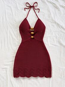 Soleia Vestido de punto de tirantes con cuentas de madera huecas decorado, conjunto sexy de vacaciones de verano para fiesta, cita, playa, crucero, vacaciones, festival de música, estilo bohemio