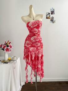 Soleia 女士浪漫花卉网眼荷叶边抹胸长裙，适合节日、约会、情人节、下午茶