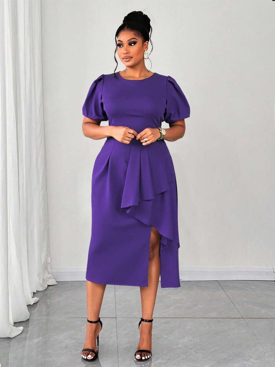 Maweii Vestido ceñido de talla grande para mujer con dobladillo asimétrico, cintura ceñida, elegante para ir al trabajo y de uso casual - Morado - Ver 1