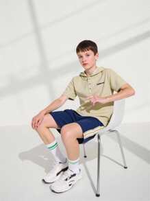 SHEIN Explorewe 2pcs Set Older Boys Casual Waffle Texture Hooded Half-Zip Short Sleeve T-Shirt And Elastic Waist Striped Shorts, Suitable For Daily Casual Wear, Outings And Gatherings, Spring/Summer - Apricot - View 1