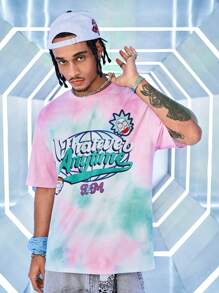 Rick and Morty X SHEIN Tie-Dye And Letter Graphic Round Neck Short Sleeve T-Shirt, Summer
