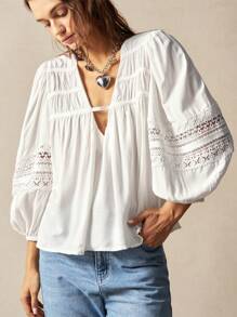 Bohemela 大码女式春夏V领灯笼袖蕾丝拼接宽松休闲假日衬衫 - 白色 - 查看 5