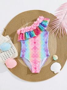 SHEIN 少女3D花朵荷叶边连体细肩带泳衣 - 藍色 - 查看 7