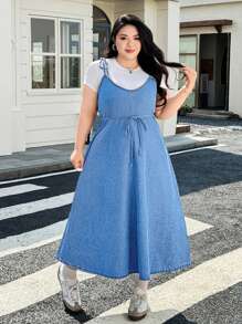 SHEIN EZwear 大码女式休闲简约中蓝色水洗牛仔吊带长裙，夏季 - 淺色水洗藍 - 查看 5