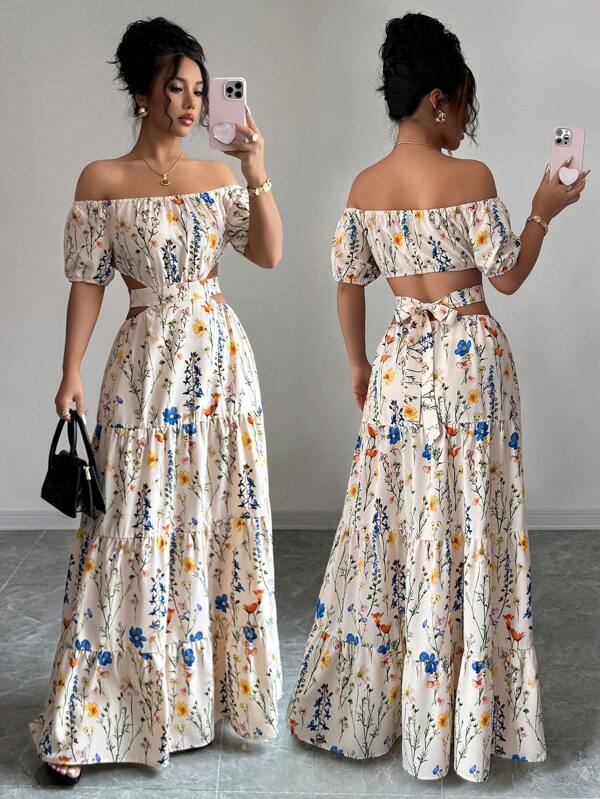 Elenzga 1pc Women's Backless Off Shoulder Strappy Elegant Long Dress