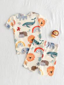 Cozy Pixies 男婴舒适睡衣套装，植物与花卉图案针织柔软圆领短袖上衣和松紧腰短裤