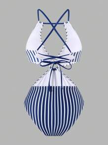 Swim Chiccia Đồ bơi một mảnh in họa tiết xanh trắng cho nam dự tiệc bãi biển và ngày lễ - Xanh và trắng - Xem 6