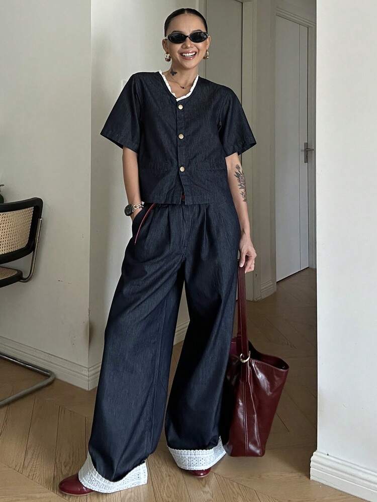 Women Casual Fashion Single-Breasted Denim Shirt And Loose Wide-Leg Jeans Set