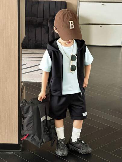 SHEIN 3-Piece Boy Casual Sports Streetwear Cute Summer Outfit: White Short Sleeve T-Shirt + Light Green Shorts + Light Green Zipper Vest, Suitable For Everyday, School, Travel, Sports, Spring/Summer