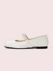 CUCCOO DOLLMOD White Fashionable Pearl Buckle Square Toe Flat Women Shoes, French Style - White - View 6