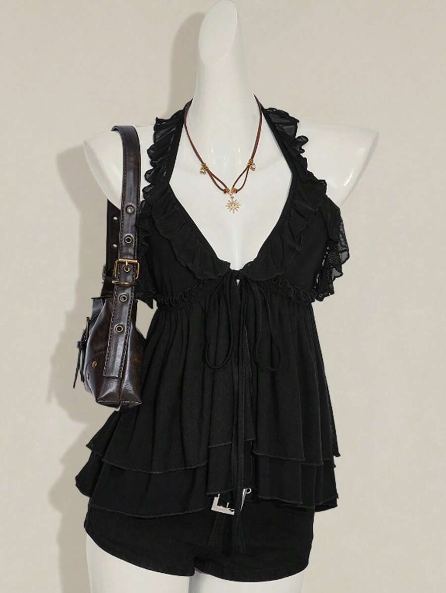 SHEIN ICON 基础款休闲系带垂褶双层上衣，纯黑色 - 黑色 - 查看 1