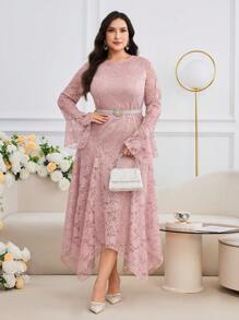 Modelyn Plus Size Solid Color Long Sleeve Dress, Fashionable For Summer - Pink - View 2