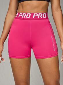 Easithlete 女式字母针织腰带高腰休闲健身短裤运动短裤 - 玫紅色 - 查看 5