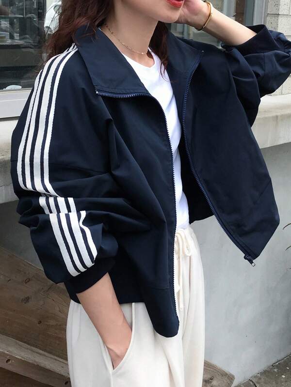 FRIFUL Women Casual Sporty Contrast Striped Side High Neck Zip Up Dropped Shoulder Loose Jacket,Fall Clothes