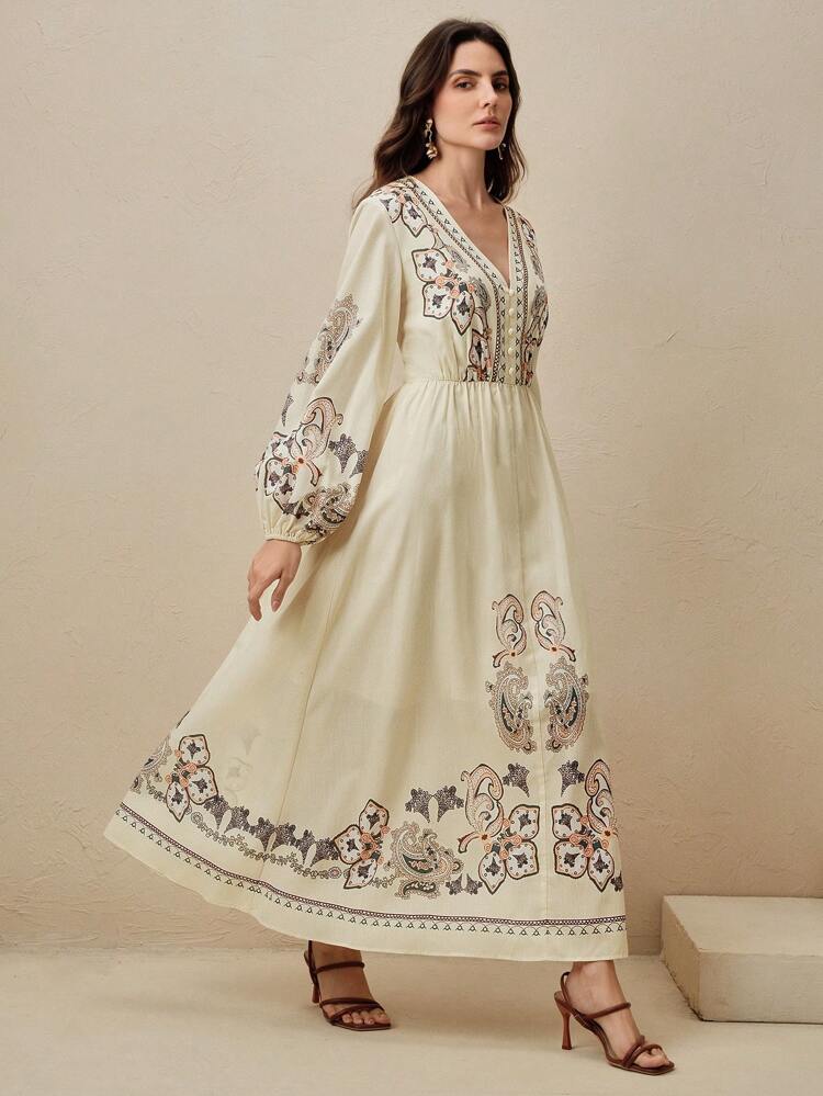 Women's Long Lantern Sleeve Wide Hem Printed Casual Spring/Summer A-Line Elegant Holiday Dress