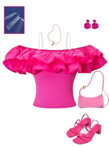 Women's Rose Red Solid Color Minimalist Elegant Textured Asymmetric Neckline T-Shirt, Spring/Summer Pink Top - Hot Pink - View 2