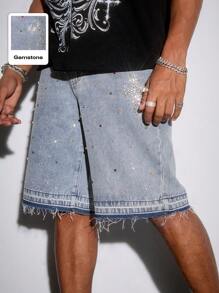 ROMWE MEN Street Life Quần short denim tua rua trang trí pha lê nhiều màu sắc cho nam mùa hè - Rửa nhẹ - Xem 10