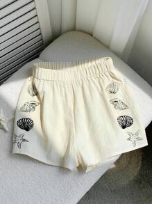 Comfortcana Quần short lưng thun in họa tiết vỏ sò thoải mái cho nữ - trắng - Xem 3