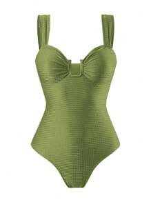 Swim Oasis Springbreak New Women's Summer Vacation Solid Textured U-Neck Cutout Backless With Premium Printed Mesh Beach Skirt And Swimwear Set, Festival Boho Green Sage Green - Green - View 3