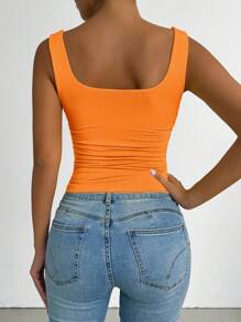 SHEIN PETITE Camiseta sin mangas de cuello cuadrado, verano, vacaciones, camiseta básica, camiseta para salir, camiseta naranja - Naranja Coral - Ver 2